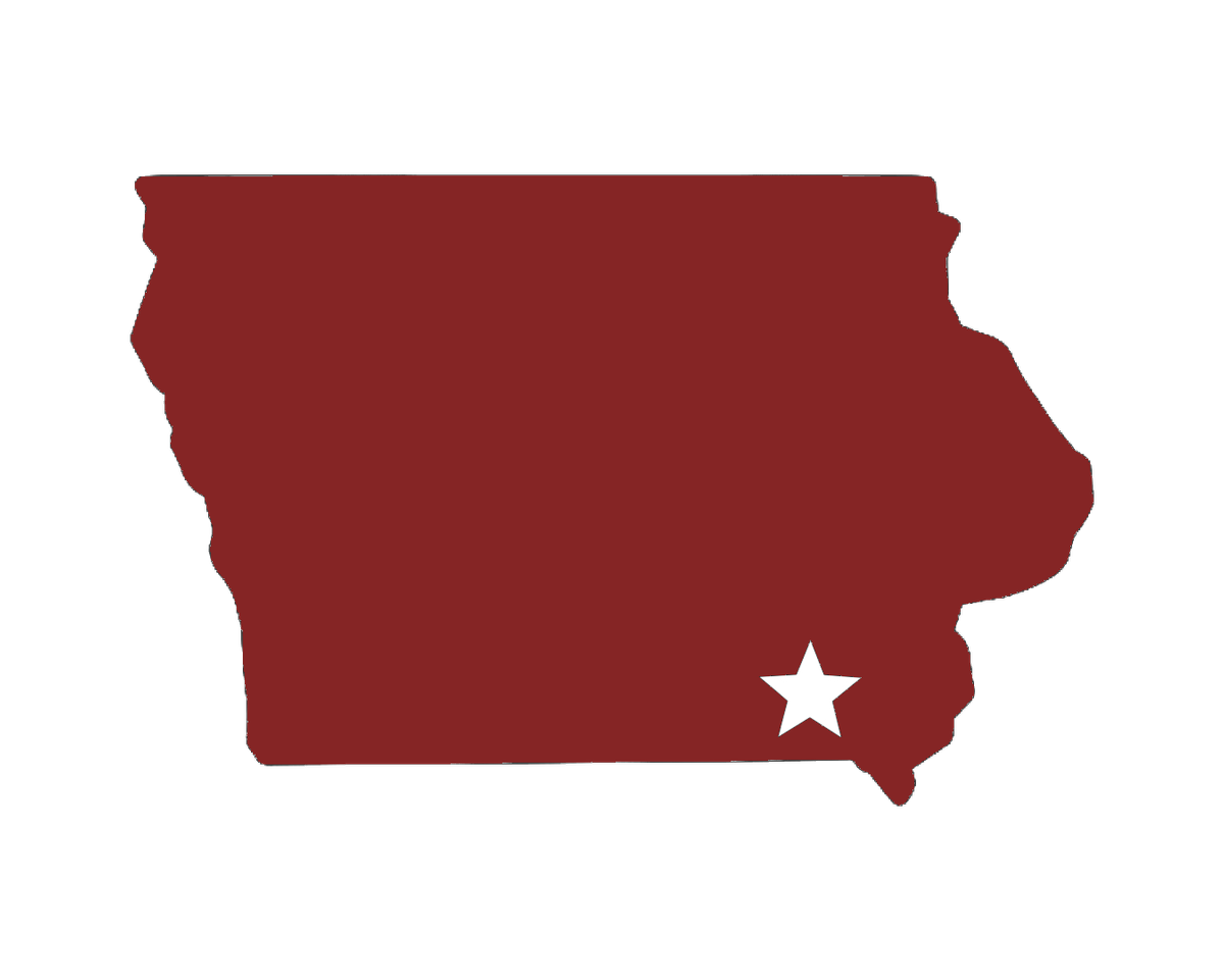 Location Shape of the state of Iowa with a star in the Southeastern corner where Integrity Bernedoodles is located in Keosauqua, Iowa